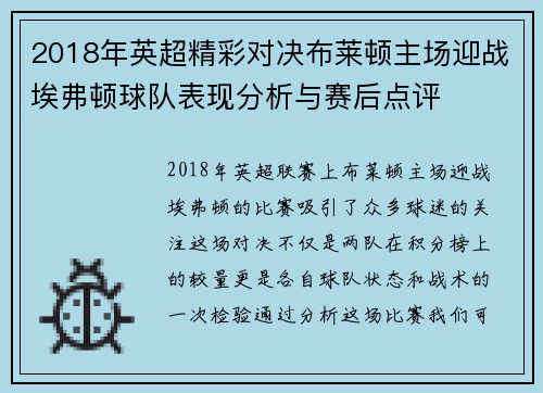 2018年英超精彩对决布莱顿主场迎战埃弗顿球队表现分析与赛后点评