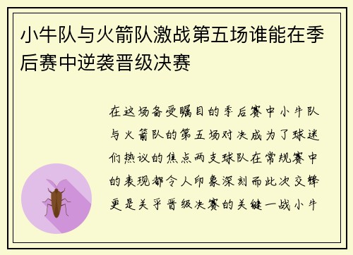 小牛队与火箭队激战第五场谁能在季后赛中逆袭晋级决赛